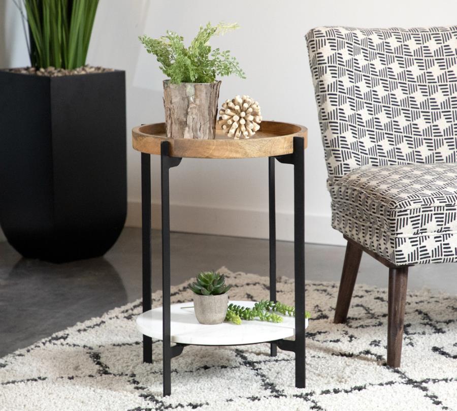 Round Mango Accent Table with Marble Shelf