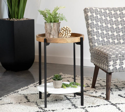Round Mango Accent Table with Marble Shelf