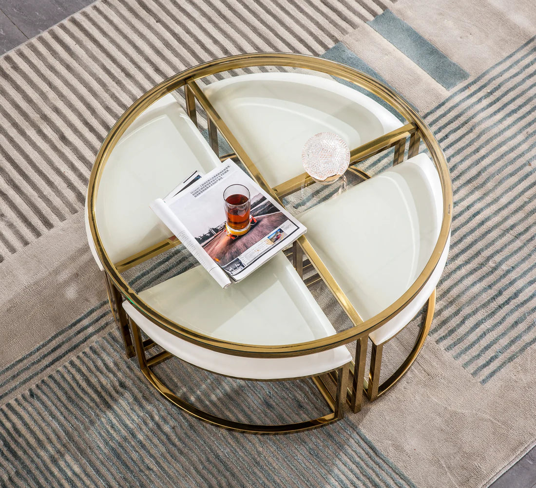 Alexa Glass Coffee Table with 4 Stools