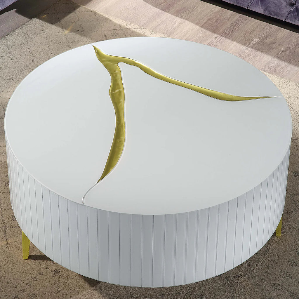 White Round Coffee Table with Gold Accents