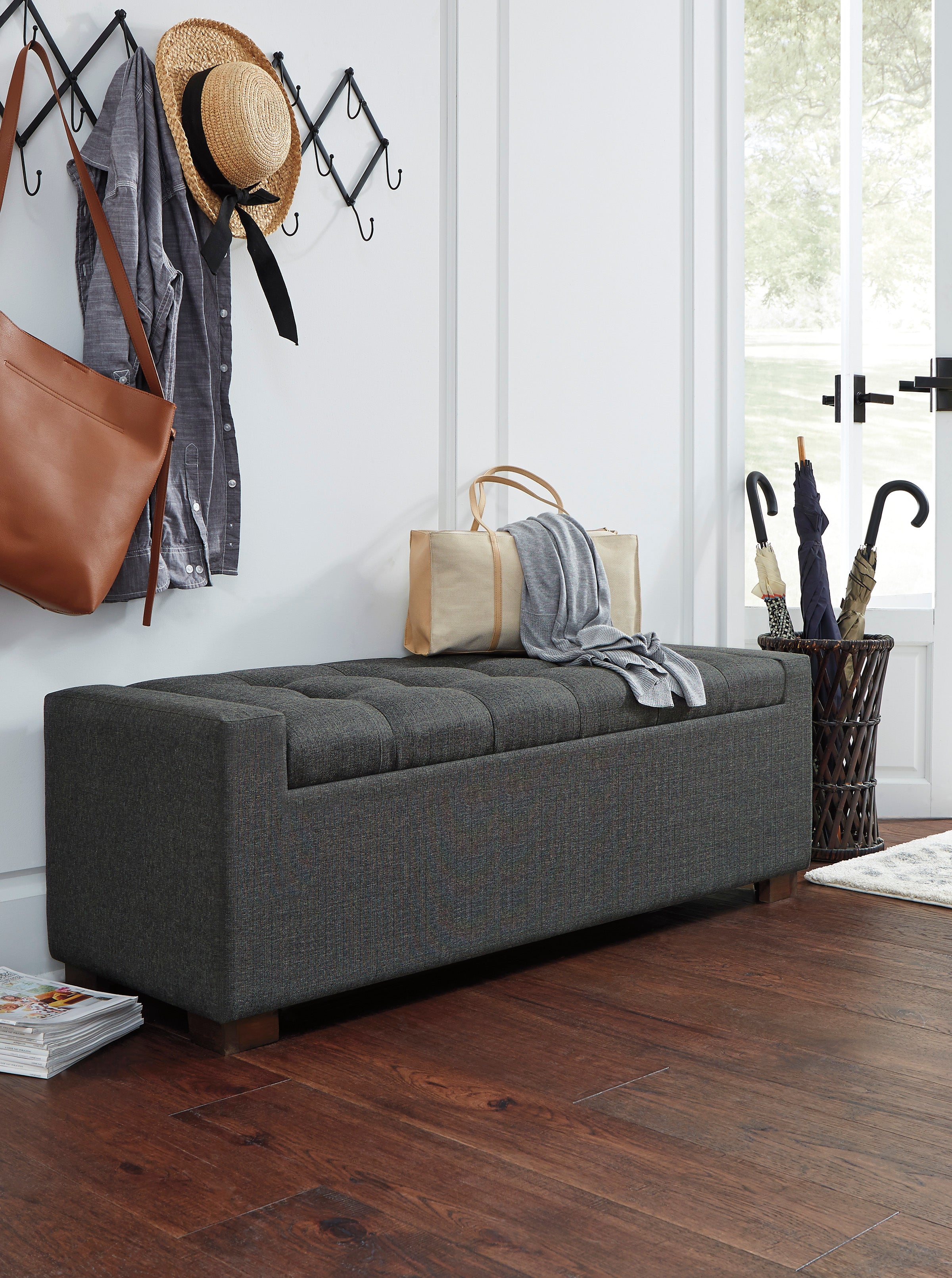 Tufted Grey Fabric Storage Bench