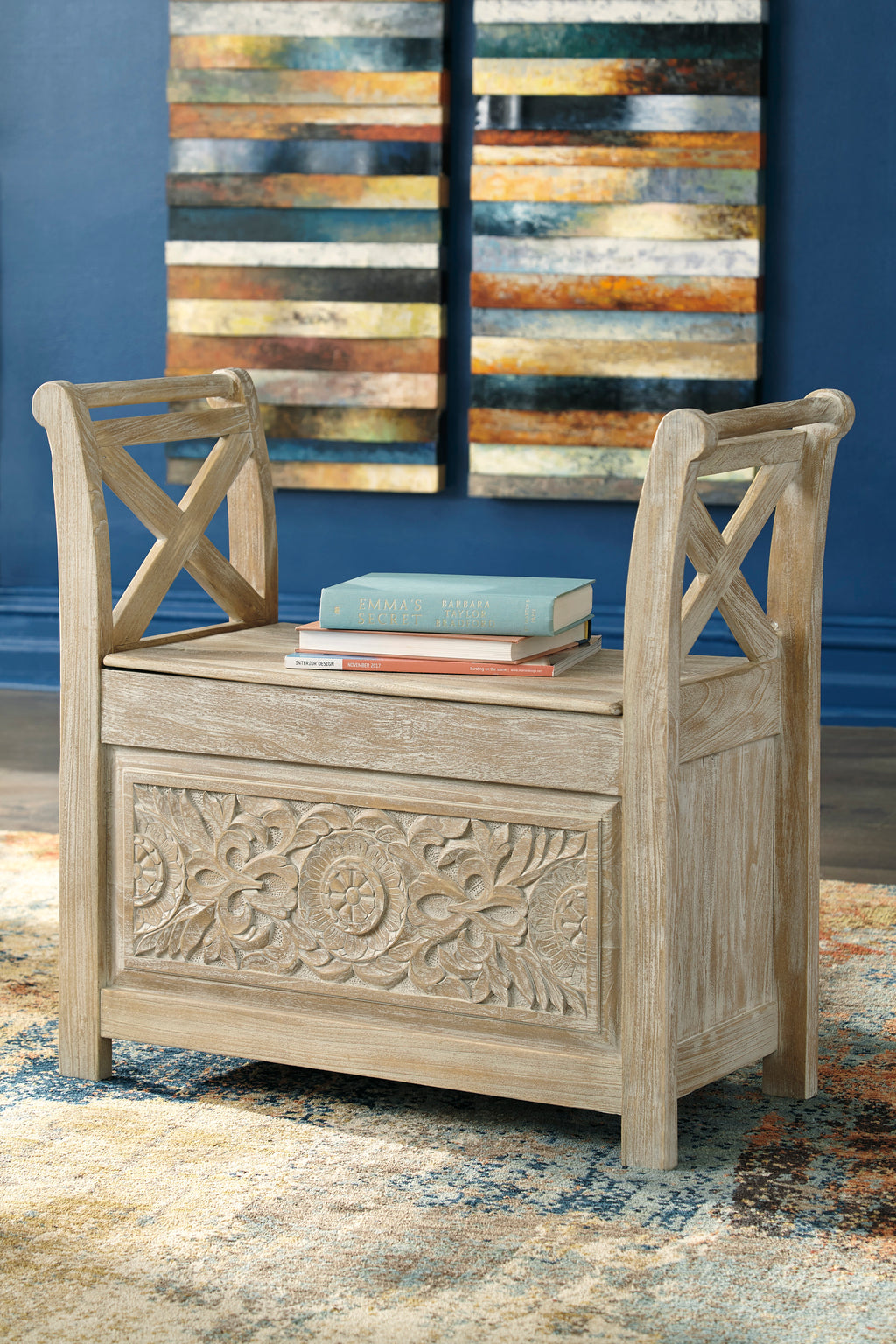 White Washed Rustic Storage Accent Bench