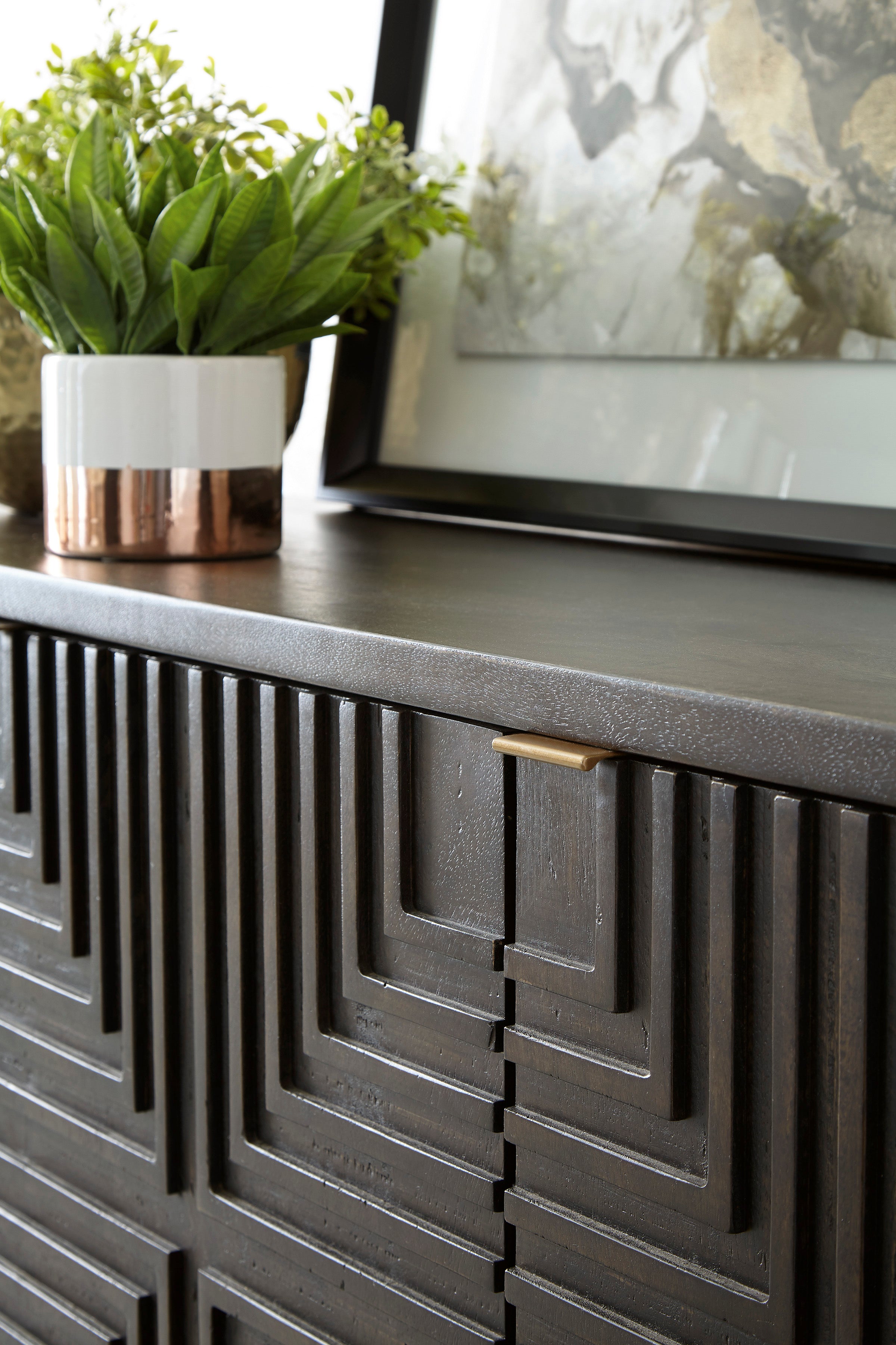Geometric 3-Door Accent Cabinet with Gold Legs