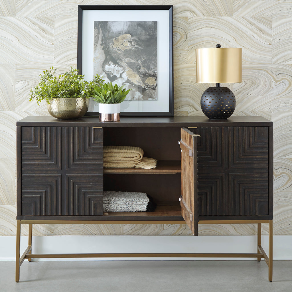Geometric 3-Door Accent Cabinet with Gold Legs