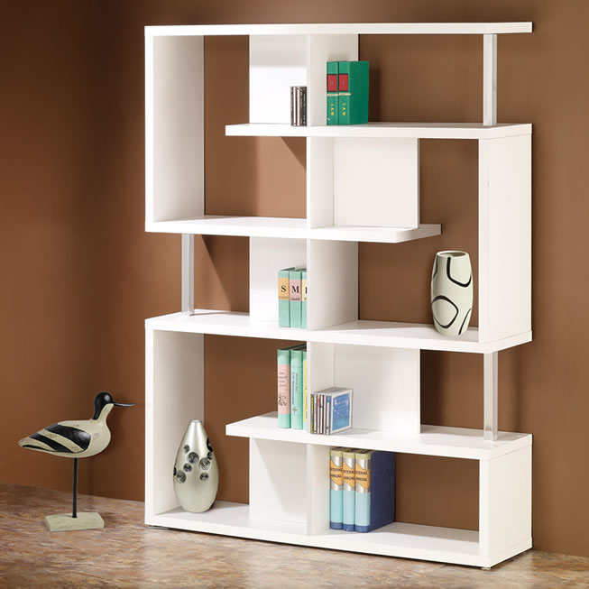 Modern Bookcase with Unique Shelving Design in Black or White